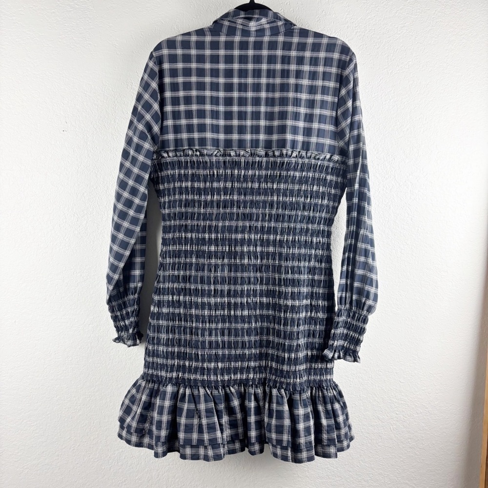Veronica Beard Kelsey Long Sleeve Smocked Mini Dress Navy Blue Plaid Size 14 - Picture 4 of 8